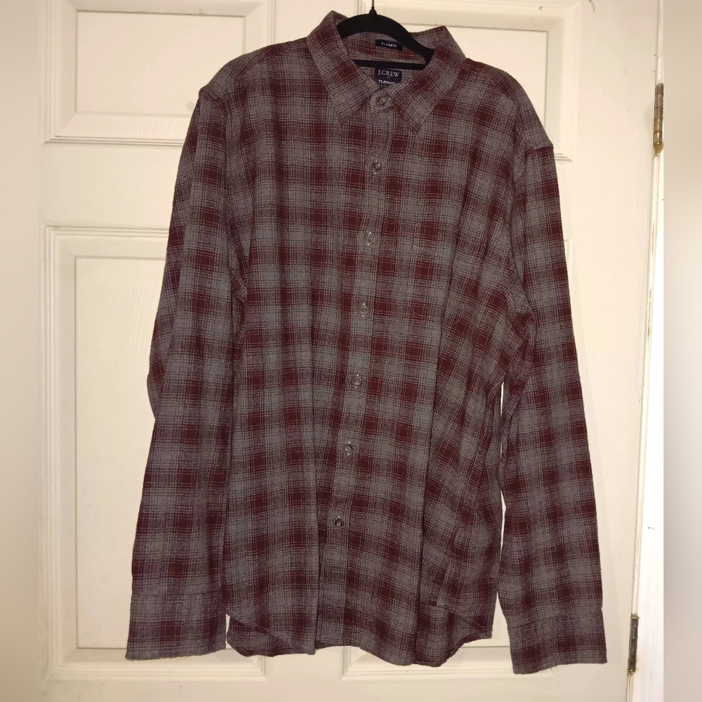 J. Crew Men's Classic Flannel Plaid Shirt - Burgundy and Gray Sz L